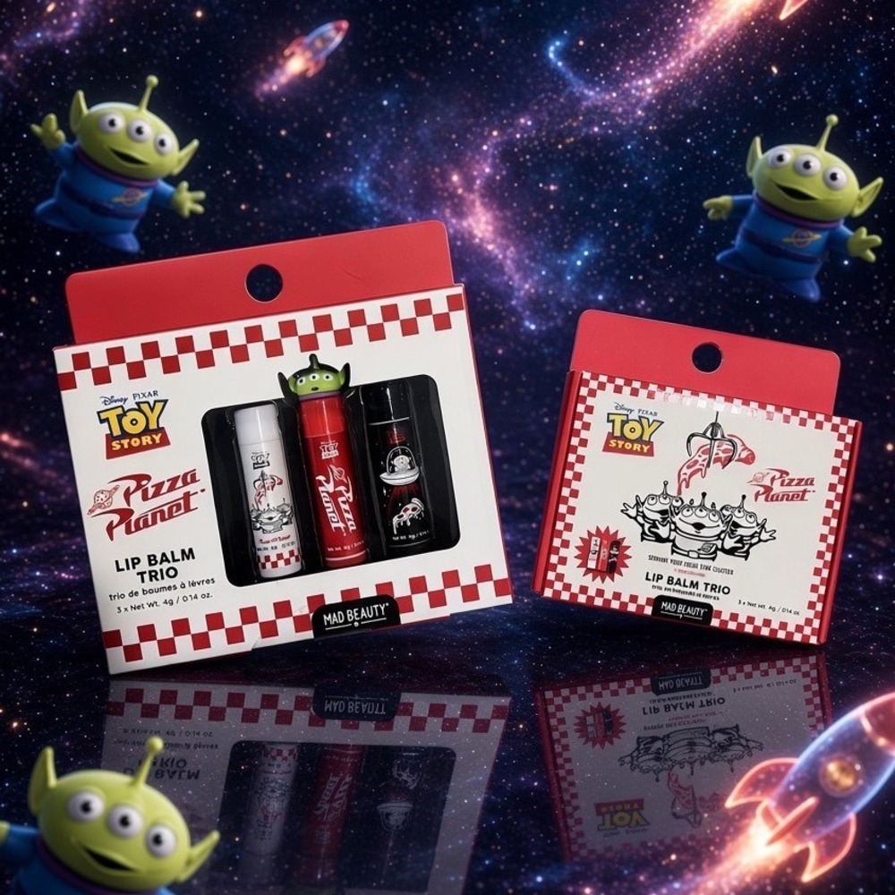 Disney 2 sets of Toy Story Pizza Planet Lip Balm Trio Mad Beauty Alien 3D Top